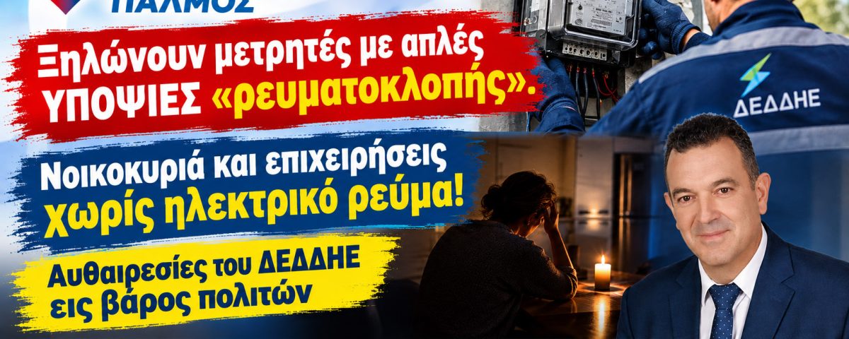 Ξηλώνουν μετρητές με απλές υποψίες, αφήνοντας νοικοκυριά και επιχειρήσεις χωρίς ηλεκτρικό ρεύμα. Αυθαιρεσίες του ΔΕΔΔΗΕ εις βάρος πολιτών. 5 Δελτίο Τύπου για ΔΕΔΔΗΕ Αφίσα οριζόντια