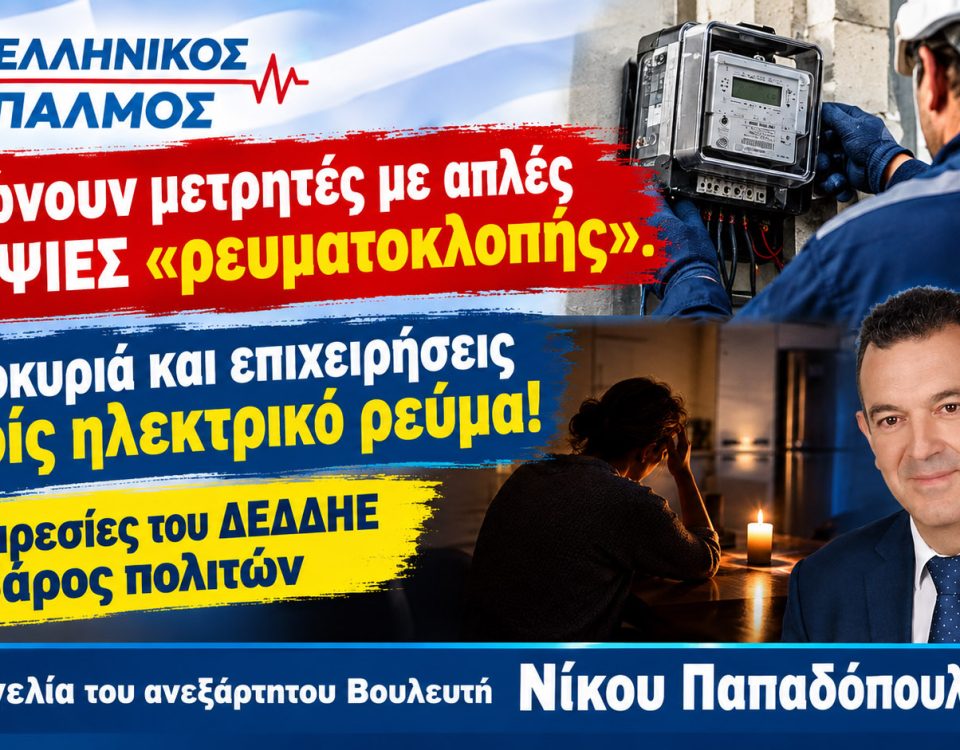Ξηλώνουν μετρητές με απλές υποψίες, αφήνοντας νοικοκυριά και επιχειρήσεις χωρίς ηλεκτρικό ρεύμα. Αυθαιρεσίες του ΔΕΔΔΗΕ εις βάρος πολιτών. 1 Δελτίο Τύπου για ΔΕΔΔΗΕ Αφίσα οριζόντια